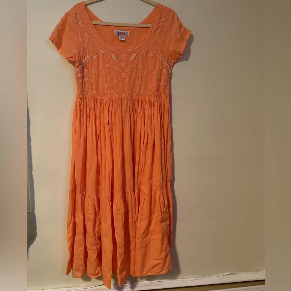 Vintage cotton dress coral summer dress / FADS Maxi Dress with Embroidery